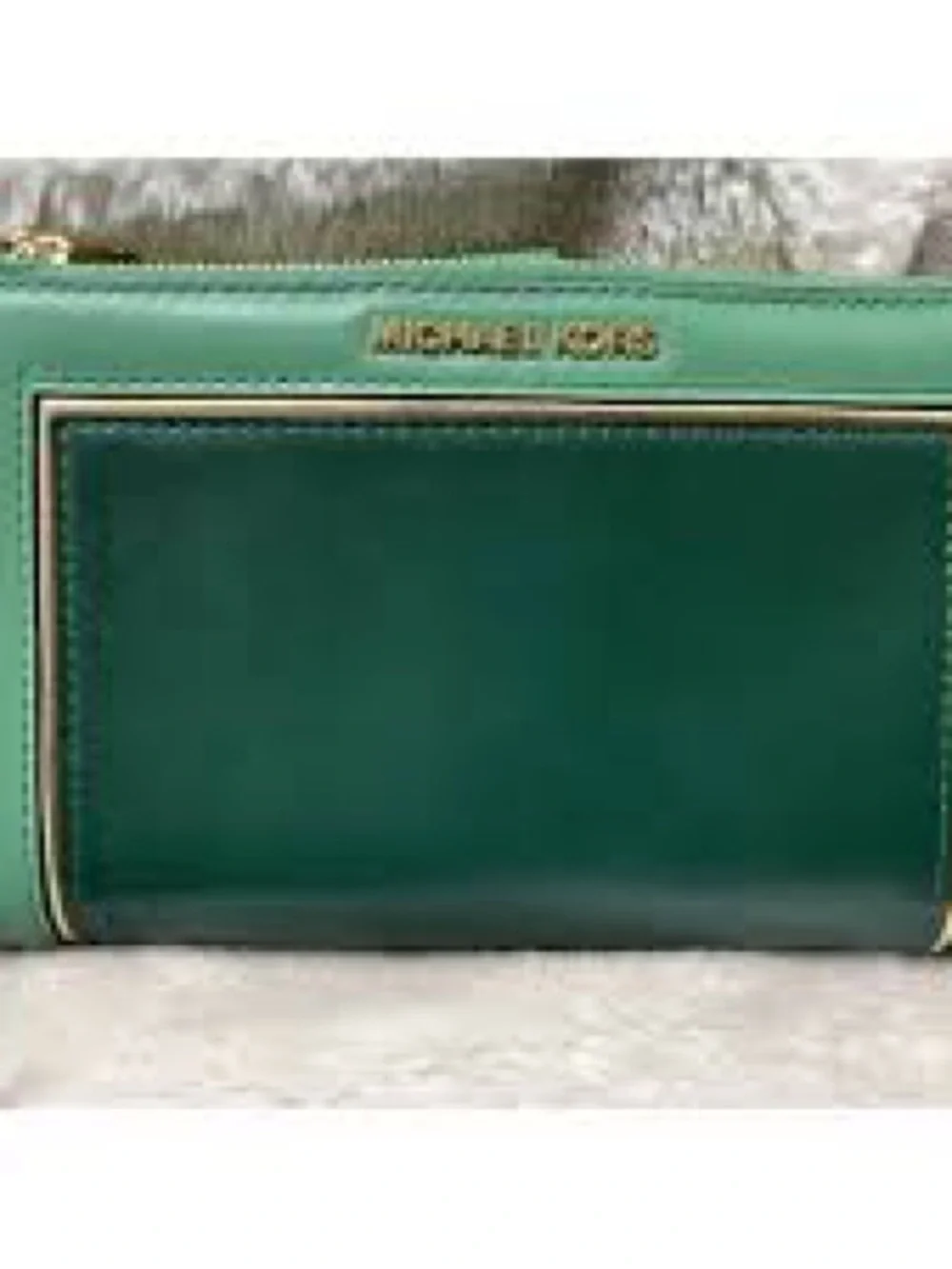 Michael Kors Cell Phone Two-Tone Green Leather Zip Wallet with Gold Hardware